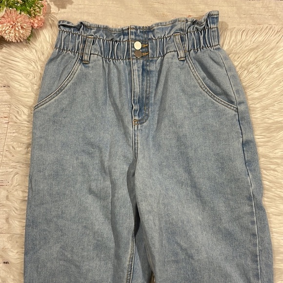 Oak + Fort Elastic Paperbag Raw Hem Straight Leg High Rise Jeans - Picture 12 of 14